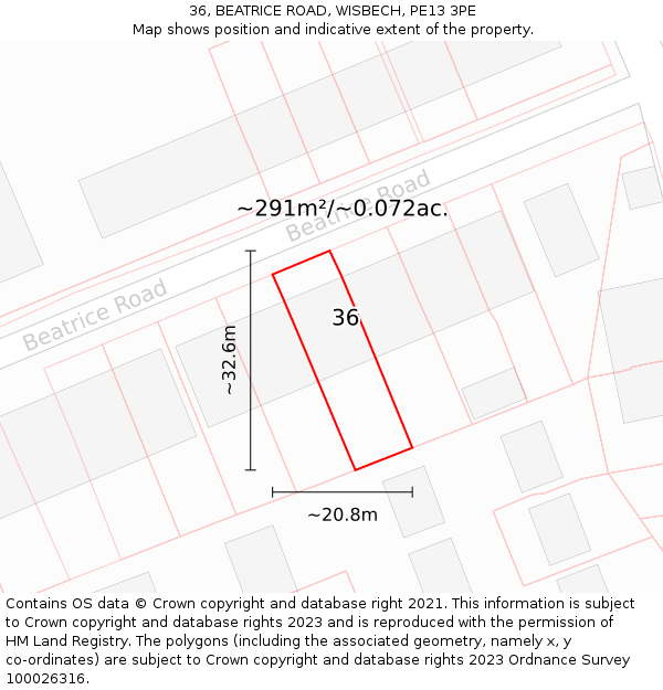 36, BEATRICE ROAD, WISBECH, PE13 3PE: Plot and title map