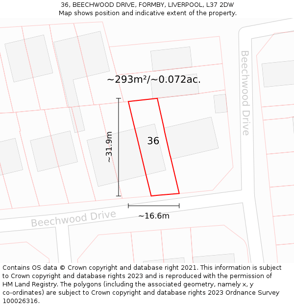 36, BEECHWOOD DRIVE, FORMBY, LIVERPOOL, L37 2DW: Plot and title map