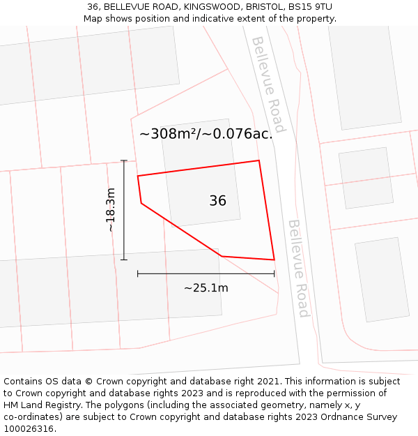 36, BELLEVUE ROAD, KINGSWOOD, BRISTOL, BS15 9TU: Plot and title map