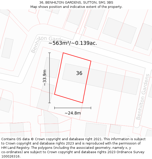 36, BENHILTON GARDENS, SUTTON, SM1 3BS: Plot and title map