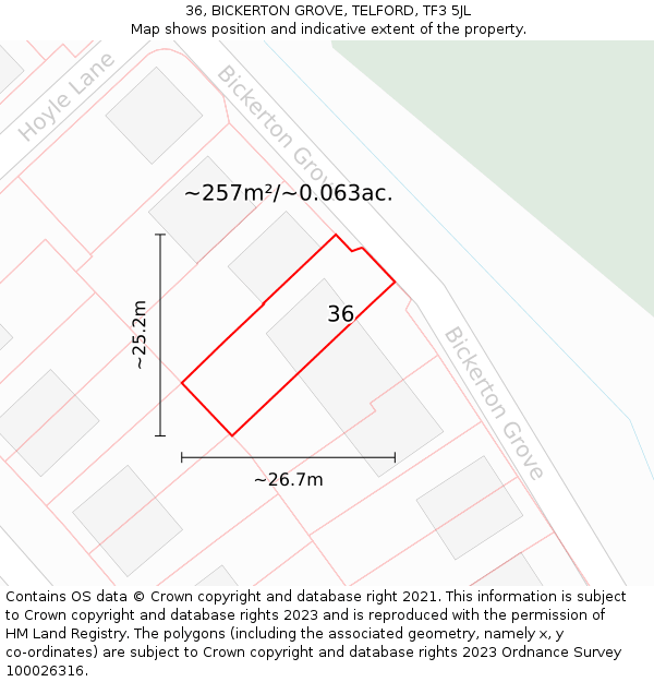 36, BICKERTON GROVE, TELFORD, TF3 5JL: Plot and title map