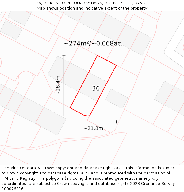 36, BICKON DRIVE, QUARRY BANK, BRIERLEY HILL, DY5 2JF: Plot and title map