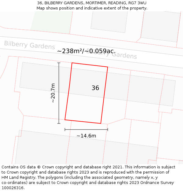 36, BILBERRY GARDENS, MORTIMER, READING, RG7 3WU: Plot and title map