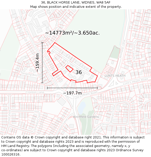 36, BLACK HORSE LANE, WIDNES, WA8 5AF: Plot and title map