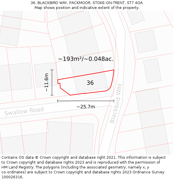 36, BLACKBIRD WAY, PACKMOOR, STOKE-ON-TRENT, ST7 4GA: Plot and title map