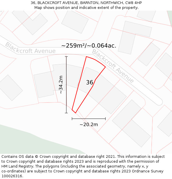 36, BLACKCROFT AVENUE, BARNTON, NORTHWICH, CW8 4HP: Plot and title map