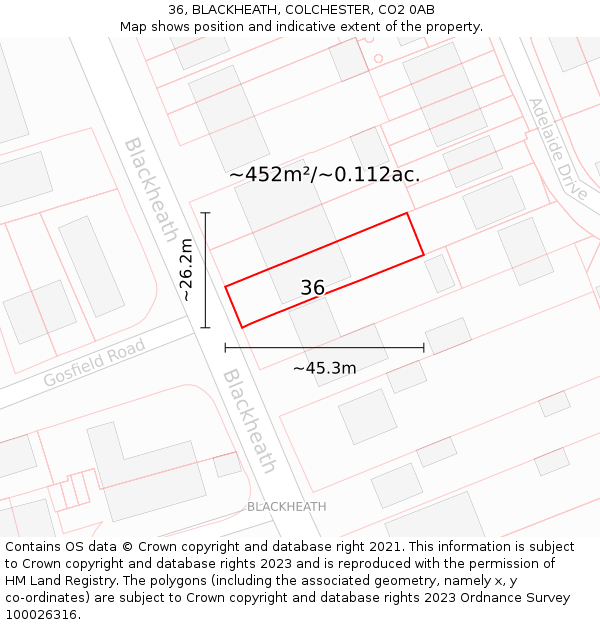 36, BLACKHEATH, COLCHESTER, CO2 0AB: Plot and title map