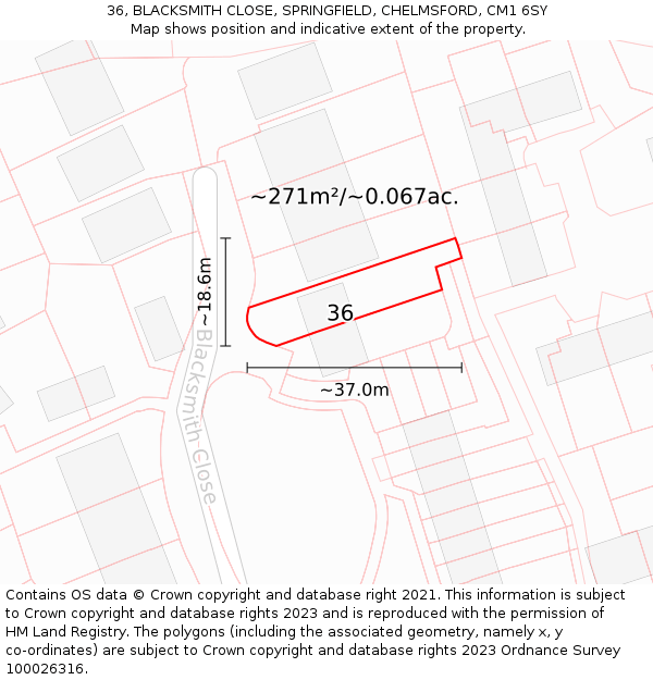 36, BLACKSMITH CLOSE, SPRINGFIELD, CHELMSFORD, CM1 6SY: Plot and title map