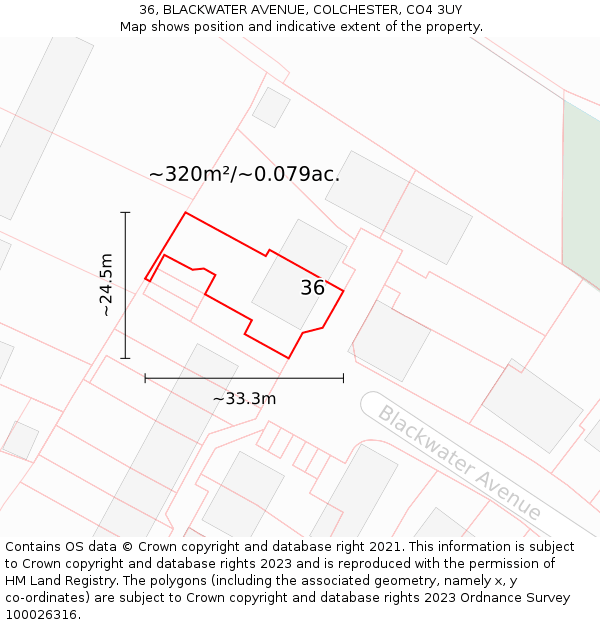 36, BLACKWATER AVENUE, COLCHESTER, CO4 3UY: Plot and title map