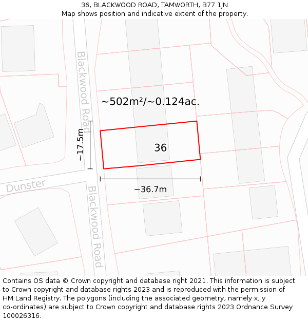 36, BLACKWOOD ROAD, TAMWORTH, B77 1JN: Plot and title map