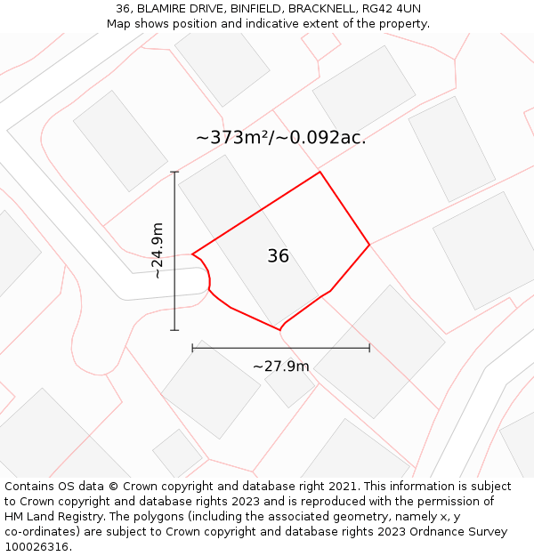 36, BLAMIRE DRIVE, BINFIELD, BRACKNELL, RG42 4UN: Plot and title map