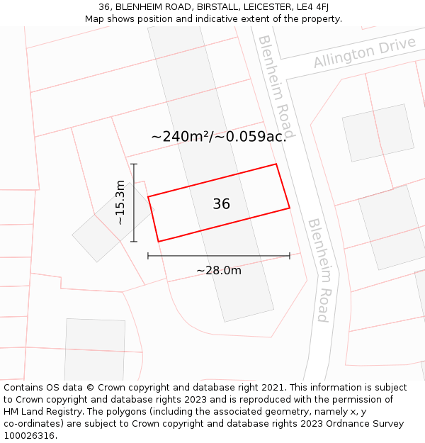 36, BLENHEIM ROAD, BIRSTALL, LEICESTER, LE4 4FJ: Plot and title map