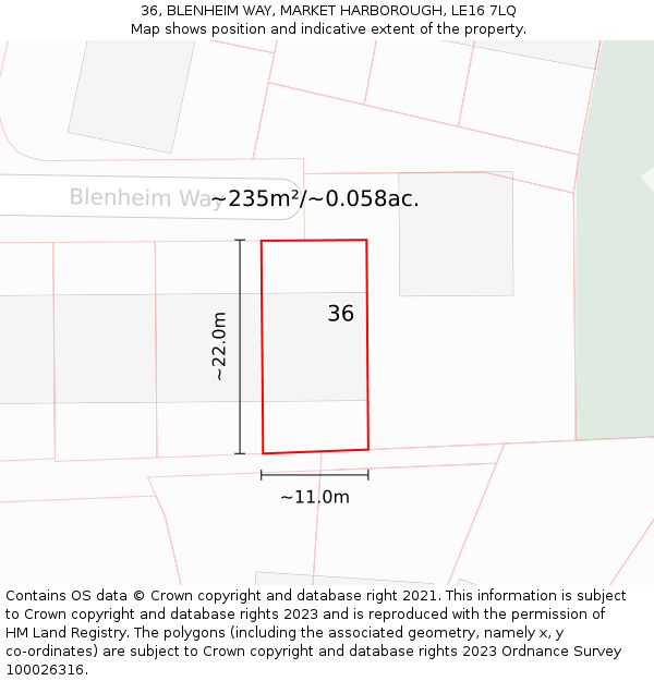 36, BLENHEIM WAY, MARKET HARBOROUGH, LE16 7LQ: Plot and title map