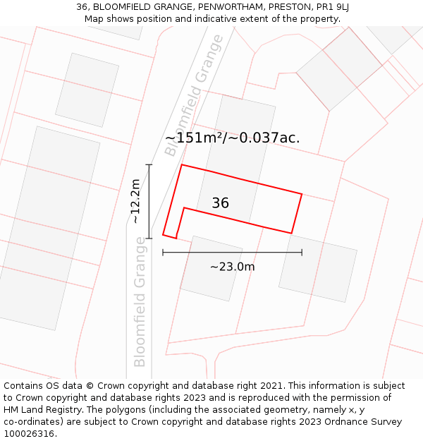 36, BLOOMFIELD GRANGE, PENWORTHAM, PRESTON, PR1 9LJ: Plot and title map