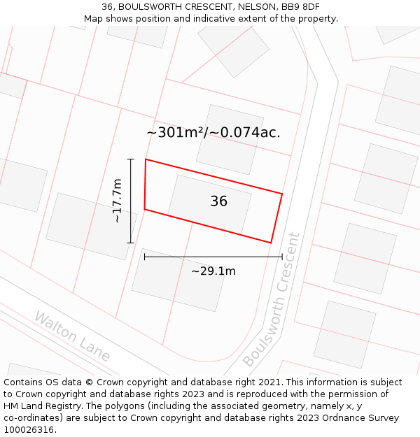 36, BOULSWORTH CRESCENT, NELSON, BB9 8DF: Plot and title map