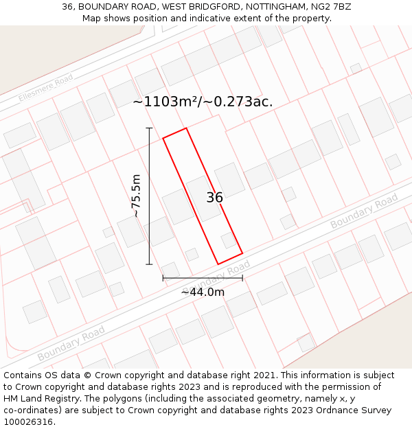 36, BOUNDARY ROAD, WEST BRIDGFORD, NOTTINGHAM, NG2 7BZ: Plot and title map