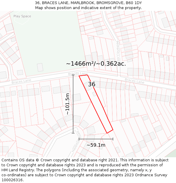 36, BRACES LANE, MARLBROOK, BROMSGROVE, B60 1DY: Plot and title map