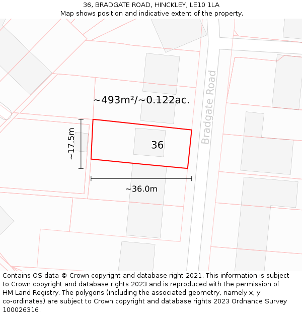 36, BRADGATE ROAD, HINCKLEY, LE10 1LA: Plot and title map