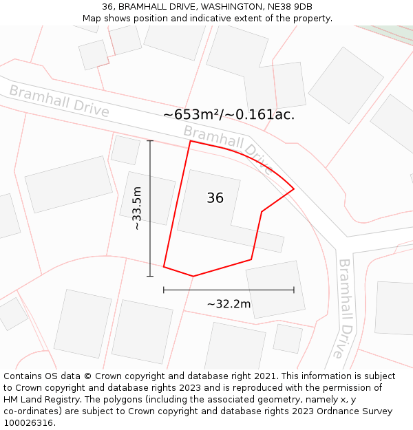 36, BRAMHALL DRIVE, WASHINGTON, NE38 9DB: Plot and title map