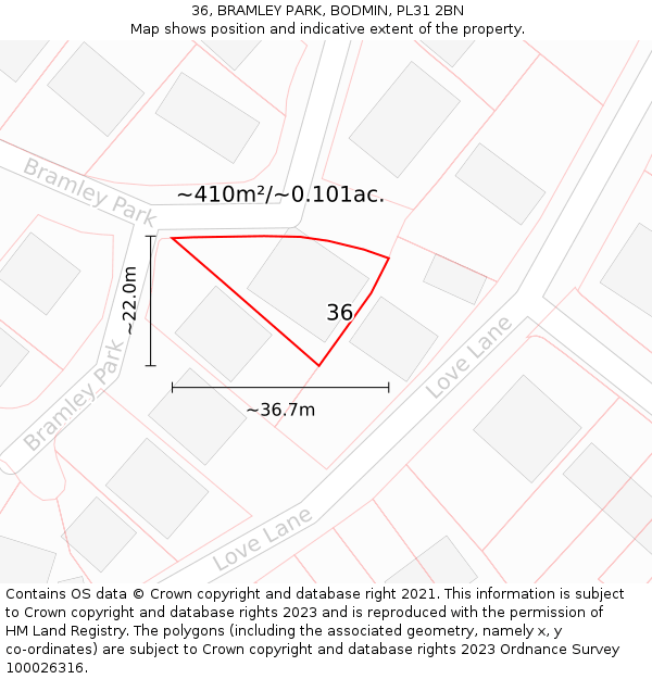 36, BRAMLEY PARK, BODMIN, PL31 2BN: Plot and title map