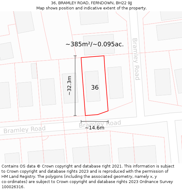 36, BRAMLEY ROAD, FERNDOWN, BH22 9JJ: Plot and title map