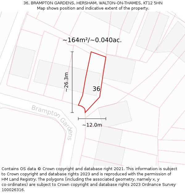 36, BRAMPTON GARDENS, HERSHAM, WALTON-ON-THAMES, KT12 5HN: Plot and title map