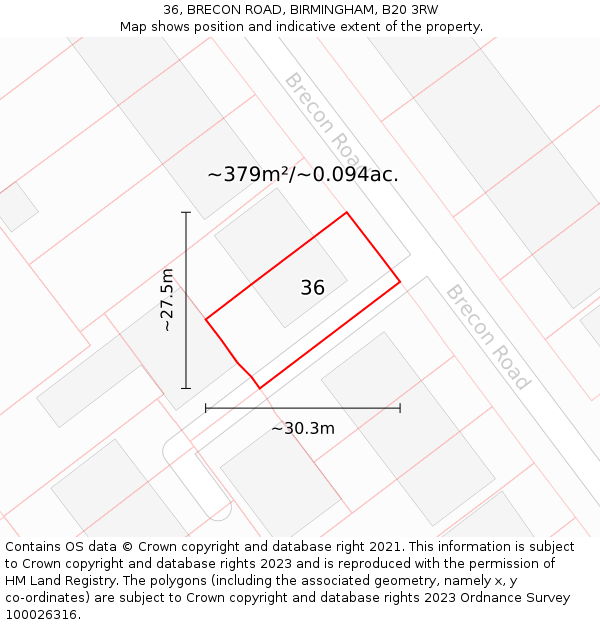 36, BRECON ROAD, BIRMINGHAM, B20 3RW: Plot and title map