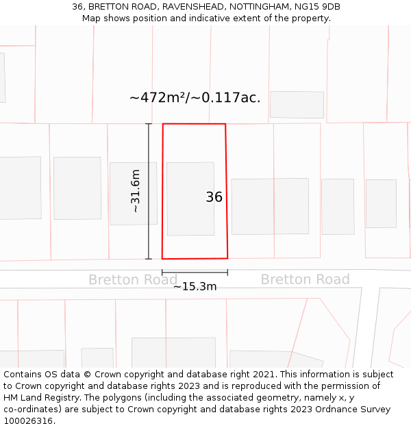 36, BRETTON ROAD, RAVENSHEAD, NOTTINGHAM, NG15 9DB: Plot and title map