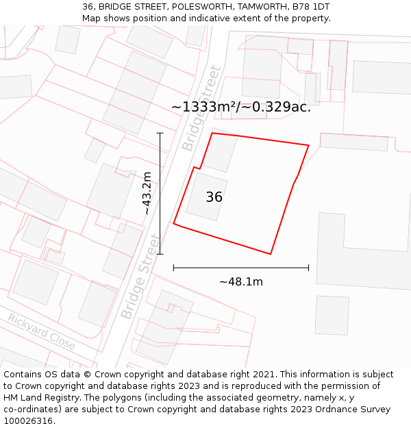 36, BRIDGE STREET, POLESWORTH, TAMWORTH, B78 1DT: Plot and title map