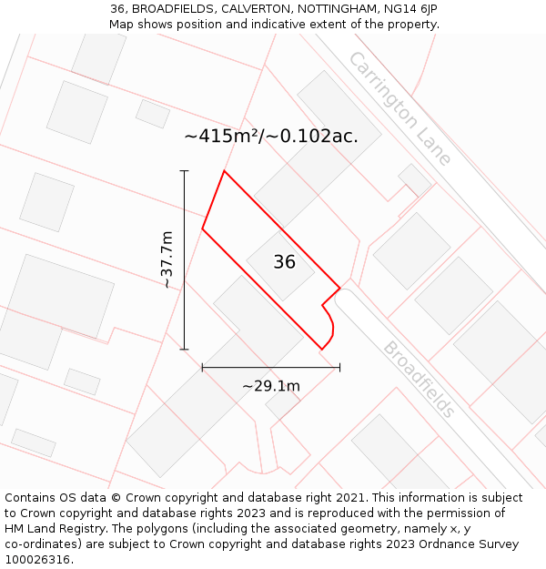 36, BROADFIELDS, CALVERTON, NOTTINGHAM, NG14 6JP: Plot and title map