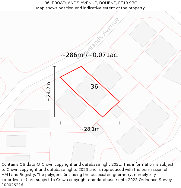 36, BROADLANDS AVENUE, BOURNE, PE10 9BG: Plot and title map