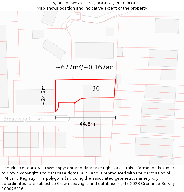 36, BROADWAY CLOSE, BOURNE, PE10 9BN: Plot and title map