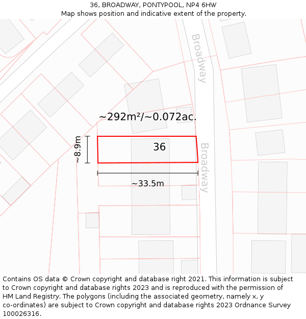 36, BROADWAY, PONTYPOOL, NP4 6HW: Plot and title map