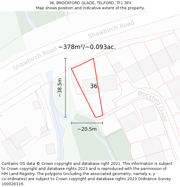 36, BROCKFORD GLADE, TELFORD, TF1 3PX: Plot and title map