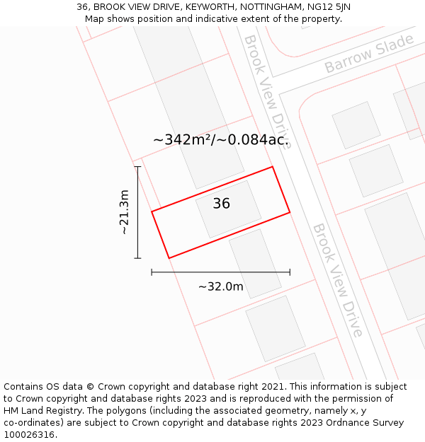 36, BROOK VIEW DRIVE, KEYWORTH, NOTTINGHAM, NG12 5JN: Plot and title map