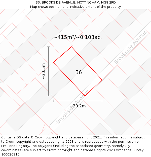 36, BROOKSIDE AVENUE, NOTTINGHAM, NG8 2RD: Plot and title map