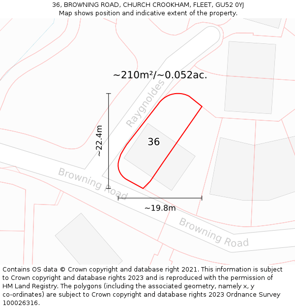 36, BROWNING ROAD, CHURCH CROOKHAM, FLEET, GU52 0YJ: Plot and title map