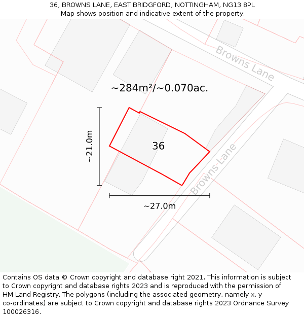 36, BROWNS LANE, EAST BRIDGFORD, NOTTINGHAM, NG13 8PL: Plot and title map