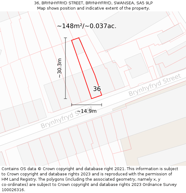 36, BRYNHYFRYD STREET, BRYNHYFRYD, SWANSEA, SA5 9LP: Plot and title map