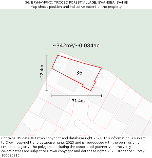 36, BRYNHYFRYD, TIRCOED FOREST VILLAGE, SWANSEA, SA4 9JJ: Plot and title map