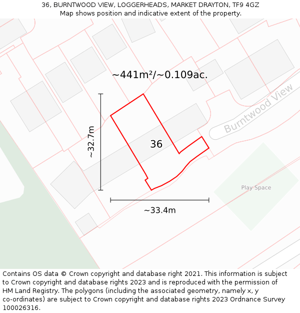 36, BURNTWOOD VIEW, LOGGERHEADS, MARKET DRAYTON, TF9 4GZ: Plot and title map