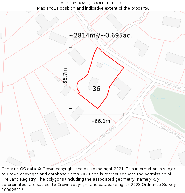 36, BURY ROAD, POOLE, BH13 7DG: Plot and title map