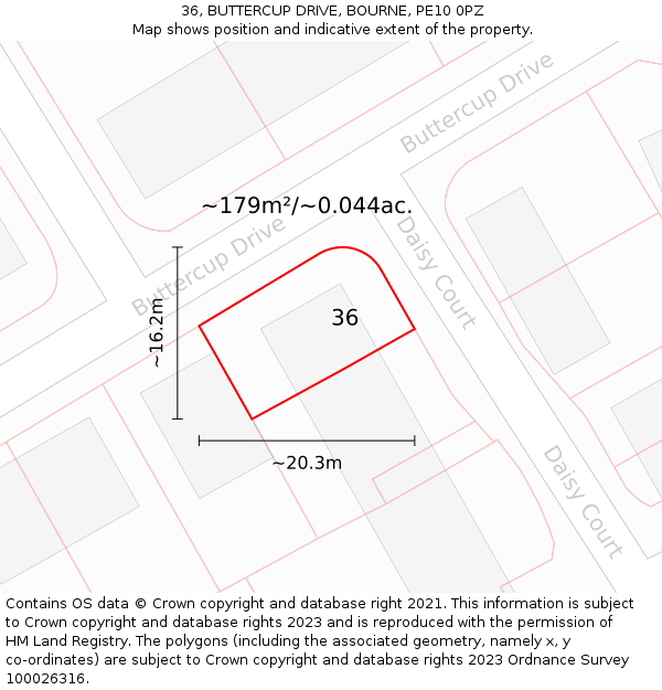 36, BUTTERCUP DRIVE, BOURNE, PE10 0PZ: Plot and title map