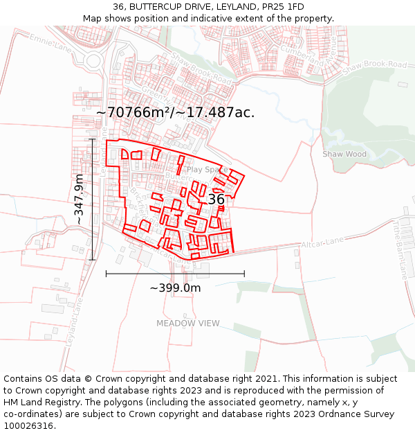 36, BUTTERCUP DRIVE, LEYLAND, PR25 1FD: Plot and title map