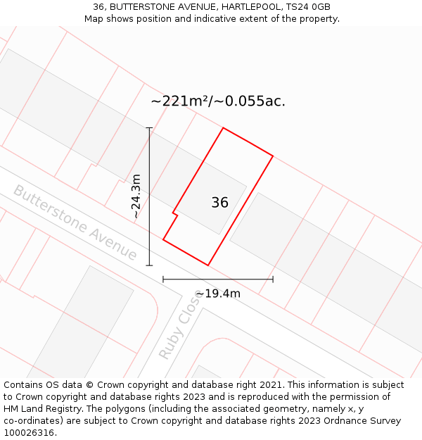 36, BUTTERSTONE AVENUE, HARTLEPOOL, TS24 0GB: Plot and title map