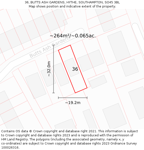 36, BUTTS ASH GARDENS, HYTHE, SOUTHAMPTON, SO45 3BL: Plot and title map