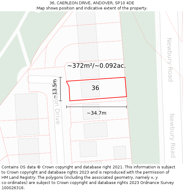 36, CAERLEON DRIVE, ANDOVER, SP10 4DE: Plot and title map