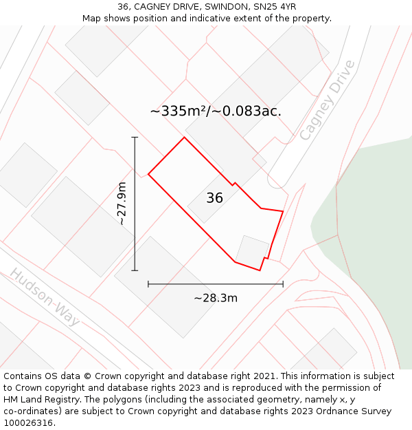 36, CAGNEY DRIVE, SWINDON, SN25 4YR: Plot and title map