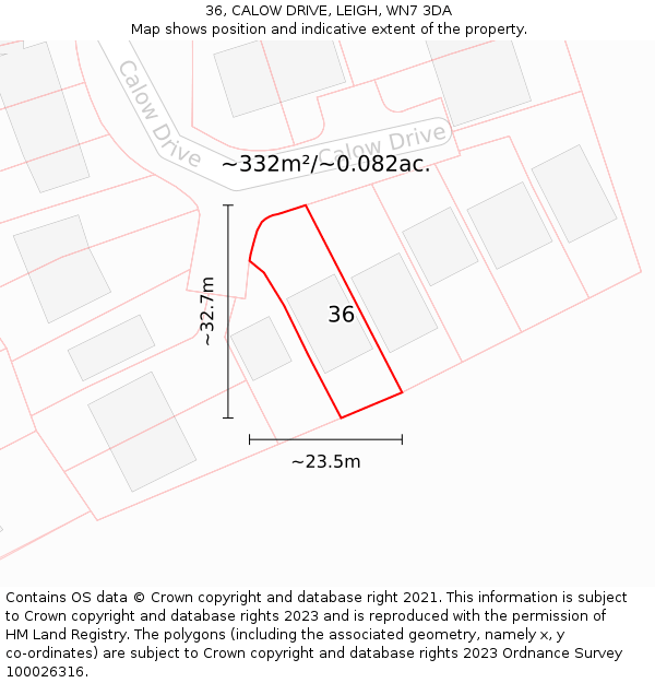 36, CALOW DRIVE, LEIGH, WN7 3DA: Plot and title map