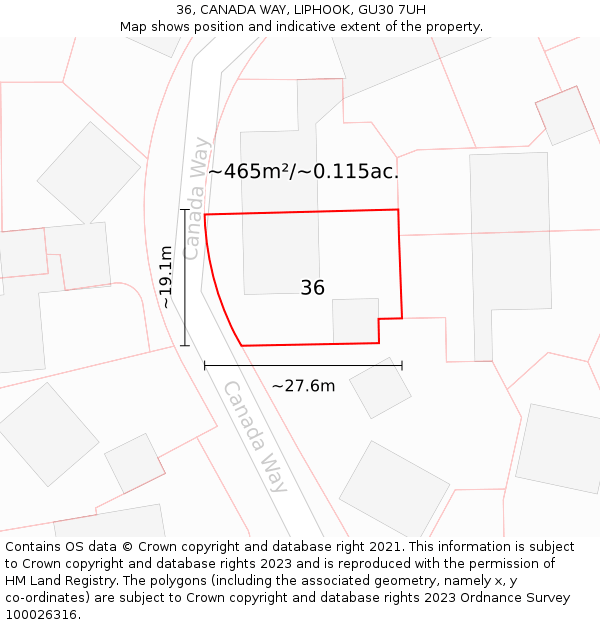 36, CANADA WAY, LIPHOOK, GU30 7UH: Plot and title map